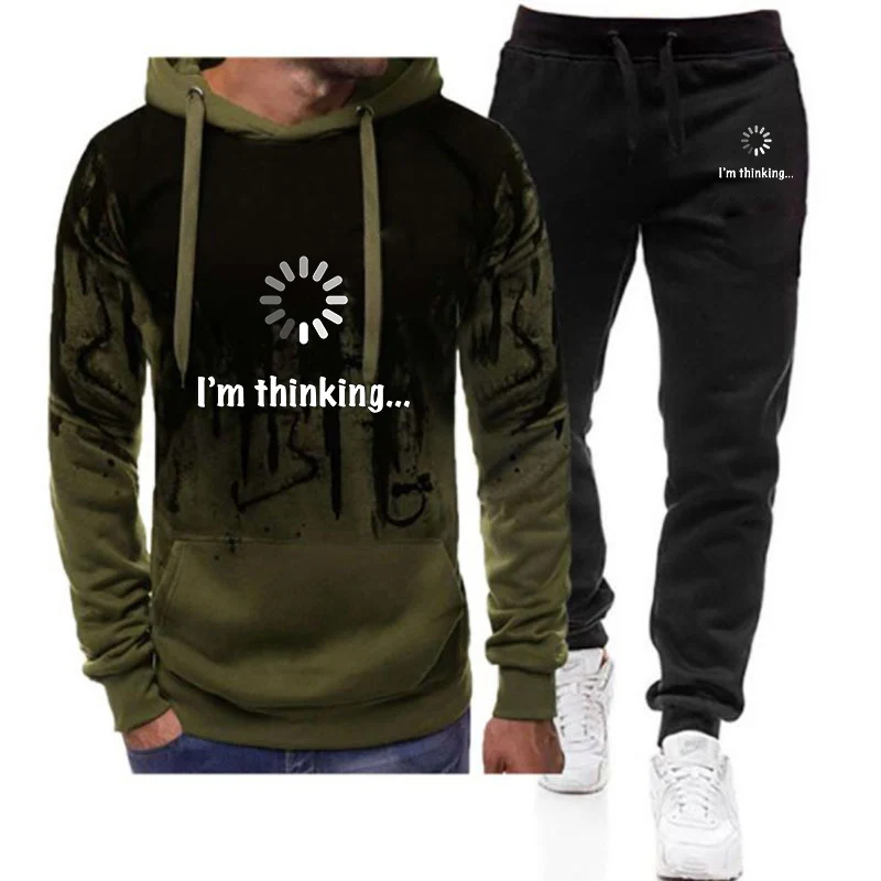 

2025 Spring Autumn Man's I‘m Thinking Funny Logo Print High Street Gradient Color Personality Hoodies Drawstring Pants Suit