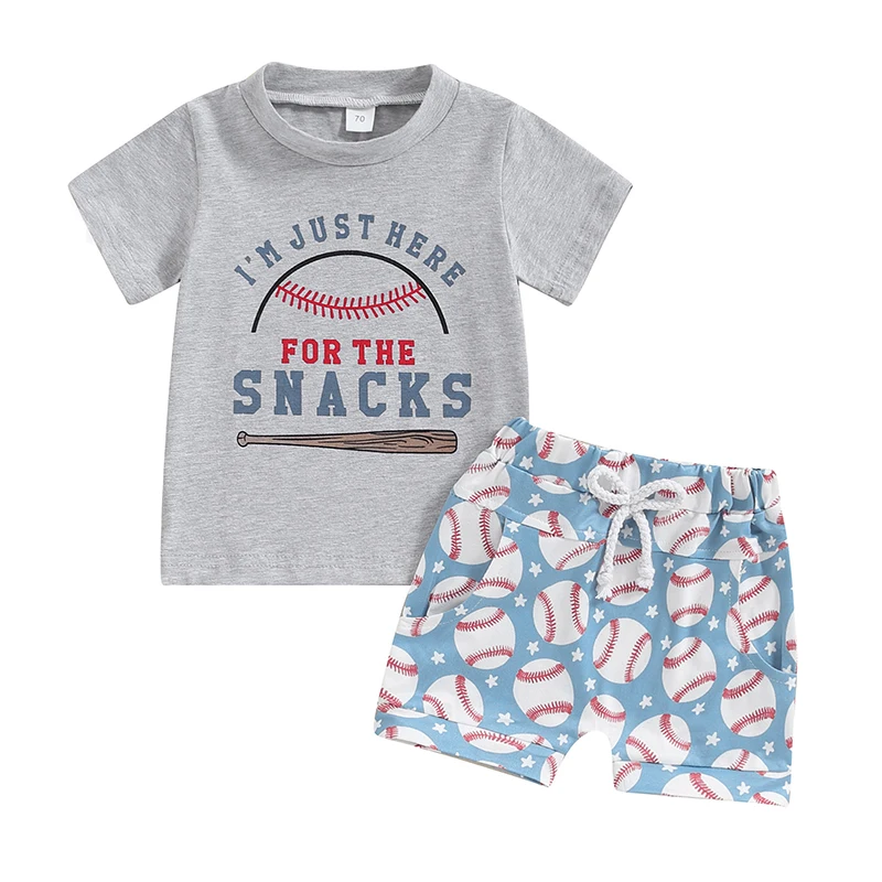 

2Pcs Baby Boy Summer Outfits Short Sleeve Baseball Bat Print Tops Shorts Set Toddler Clothing