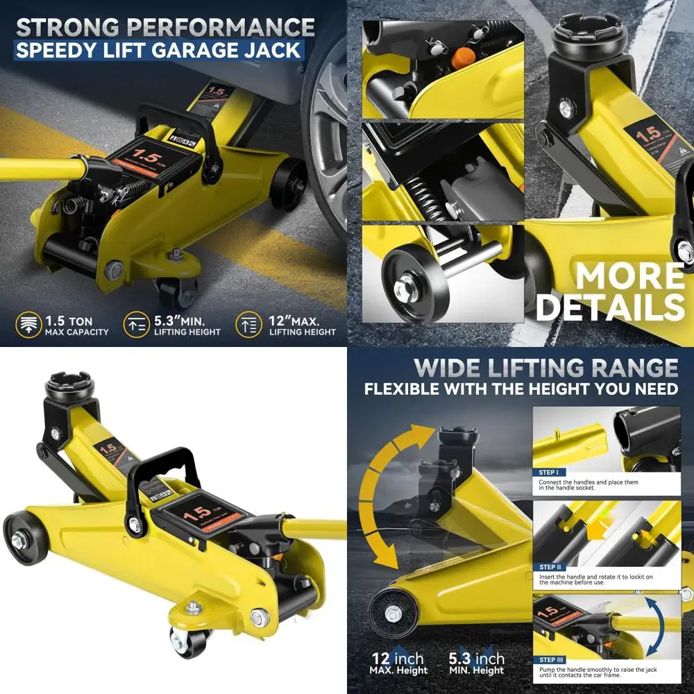 1.5 Ton Heavy-Duty Single-Piston Hydraulic Car Lift Jack, 5.3-12 Lifting Range, Yellow