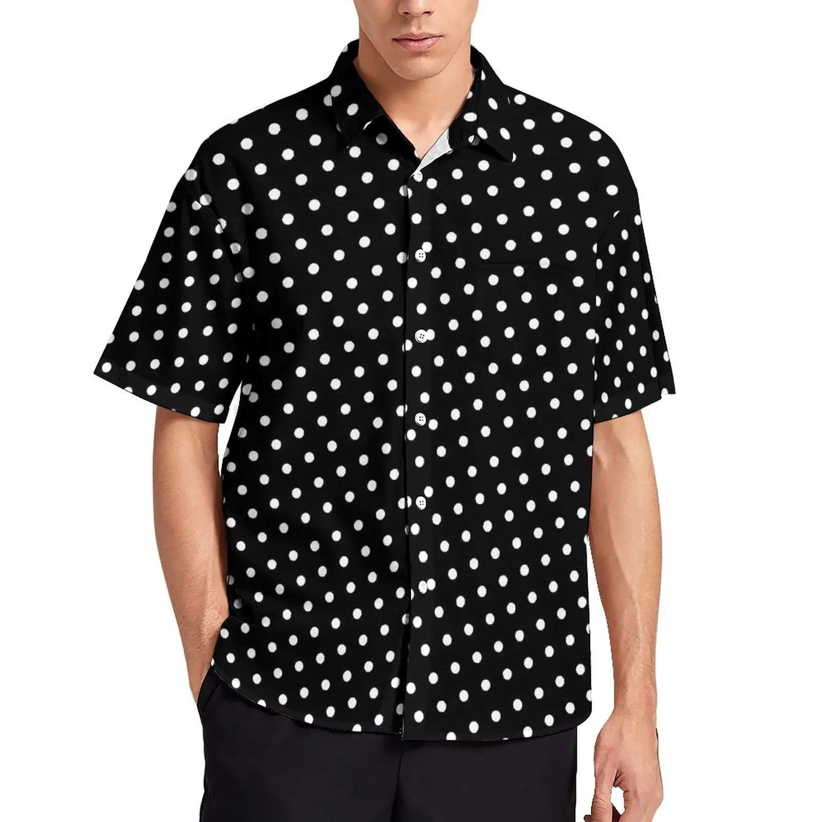 White Polka Dots Loose Shirt Male Beach Black Retro Print Casual Shirts Hawaiian Graphic Short Sleeve Stylish Oversized Blouses