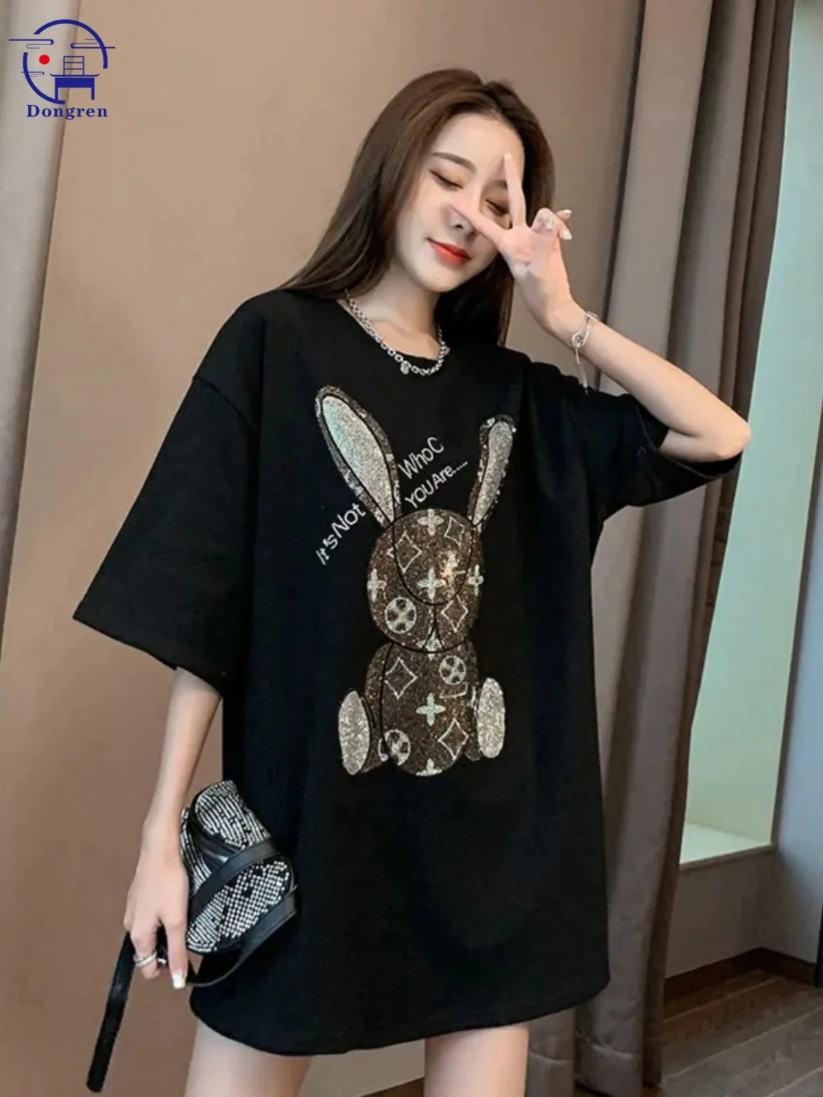 Hot Diamond Pure Cotton Printed Short sleeved T-shirt Women\'s Mid length New Spring/Summer Loose Casual Cartoon Half sleeved Top