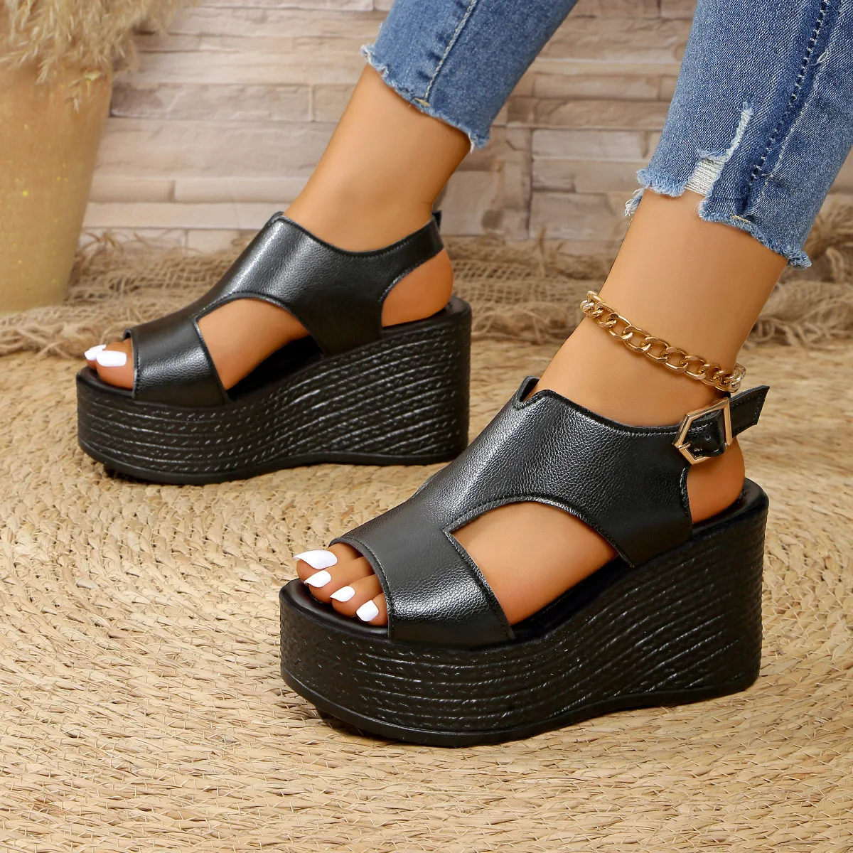 

New Summer Women's Shoes Roman Style Wedge Heel Thick-soled Hollow Peep-toe Sandals Women's High-heel Sandals Plus Size Elegant