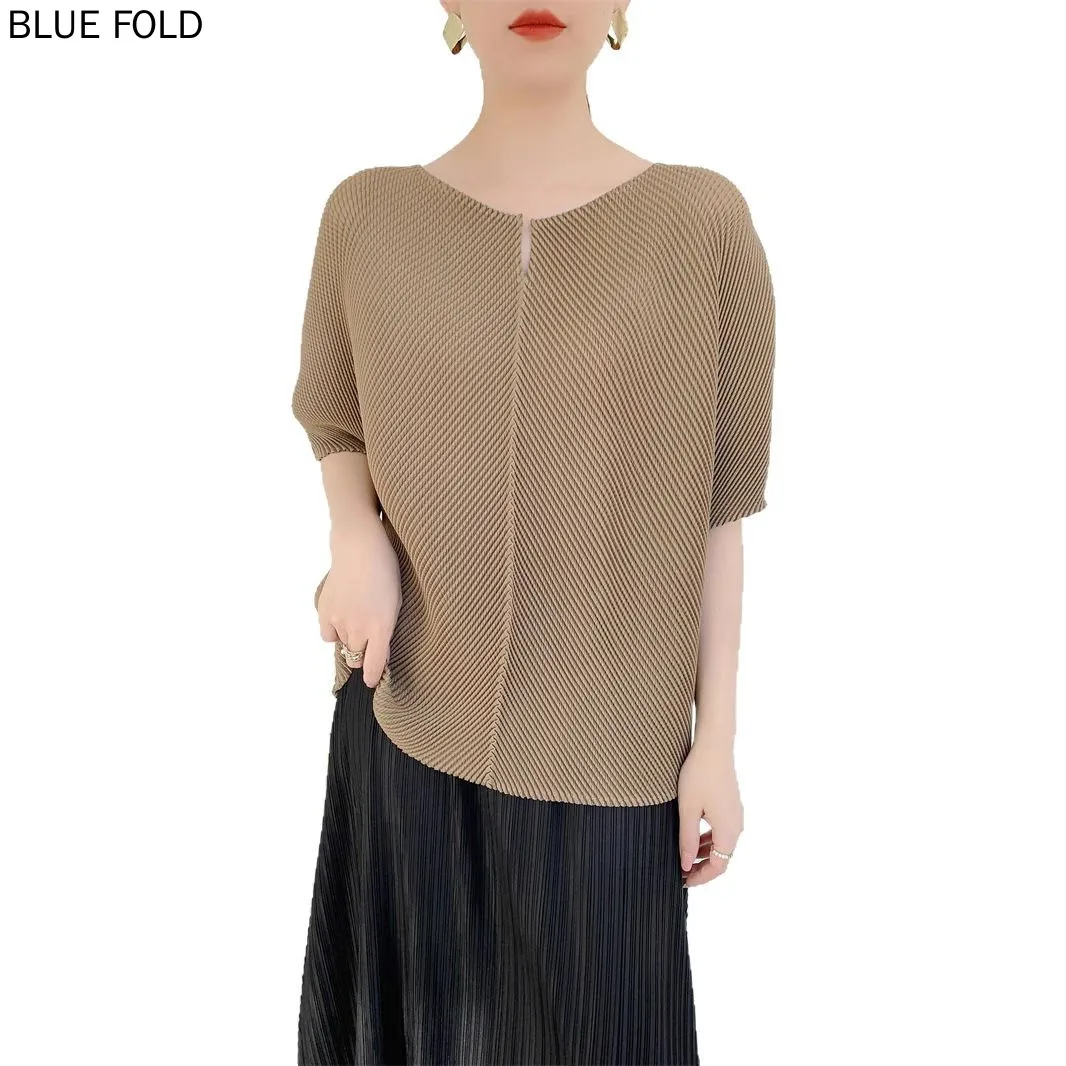 MIYAKE 2025 تي شيرت نسائي صيفي مطوي مريح كاجوال فضفاض برقبة دائرية وأكمام قصيرة