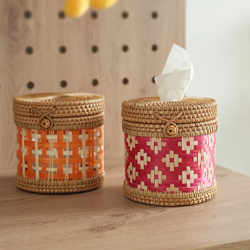 15cm Rattan Multifunctional Tissue Box, Paper Box, Creative Solid Wood Covered Storage Basket, Round Tissue Box
