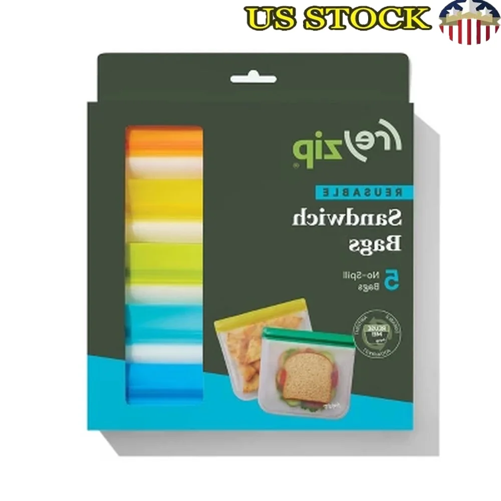 

Reusable Leakproof Flat Sandwich Lunch Bags 5 Pack Airtight Waterproof Snack Storage Bags Meal Prep Freezer Refrigerator Use