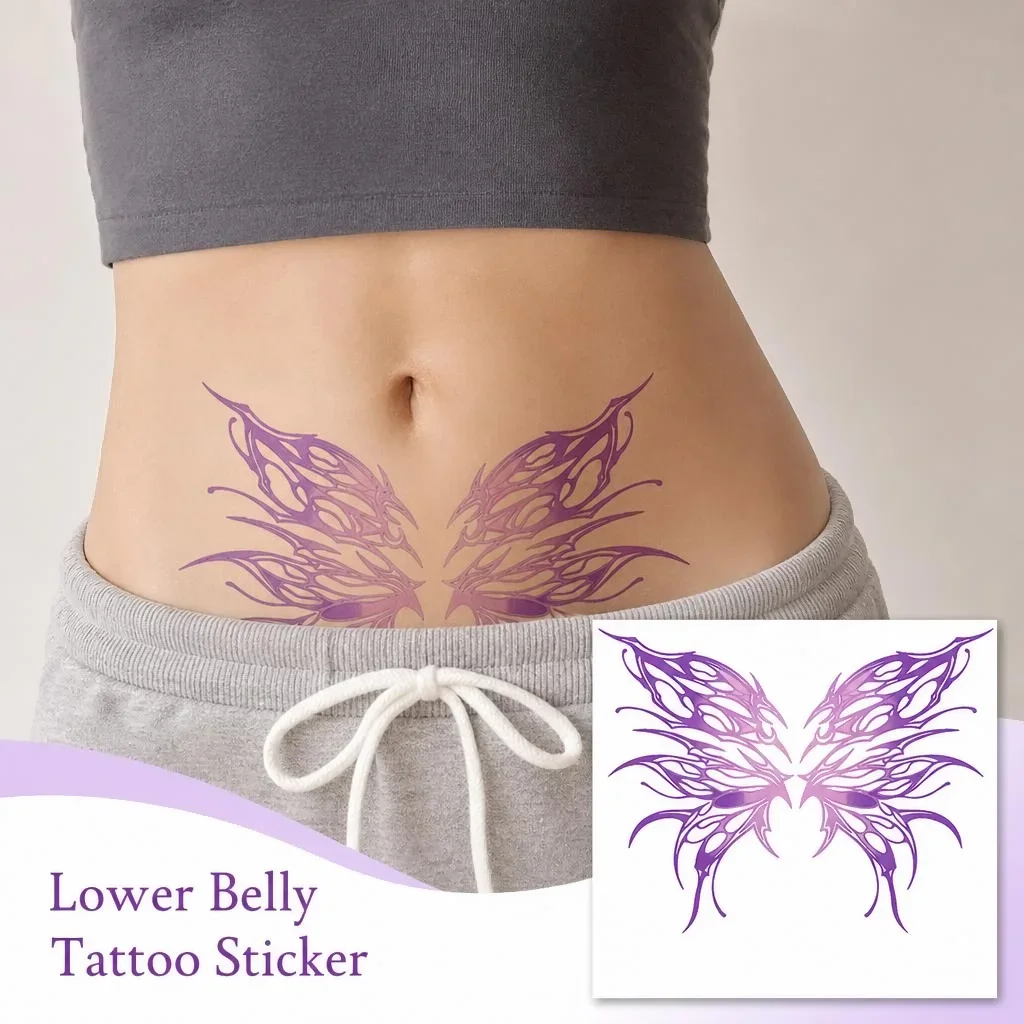 1 Sheet Per Pack Temporary Tattoo Sticker Purple Waterproof Long Lasting Butterfly Tribal Line Art Lower Abdomen Waist for Women