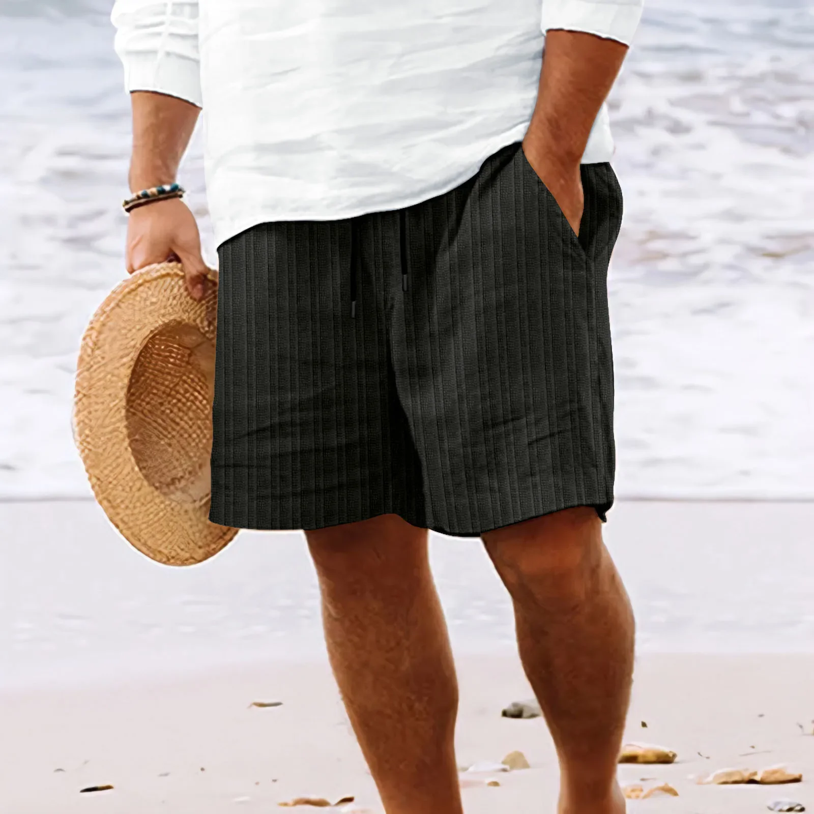 Celana Pendek Nyaman Ringan Kasual Tertambat Banyak Saku Bergaris Warna Polos Gaya Pantai Hawaii Pria Fashion Baru Musim Panas