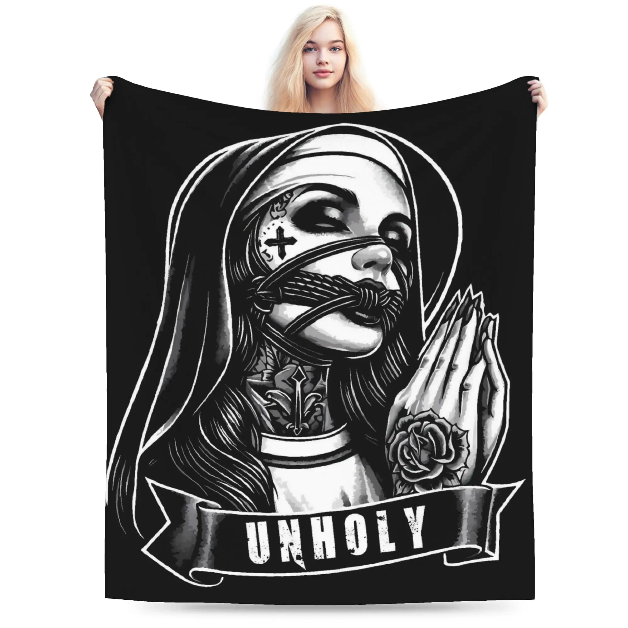 Satanic Bad Evil Nun Tattoo Super Warm Blanket  Picnic Plush Throw Blanket Print Home Decor Flannel Bedspread Sofa Bed Cover