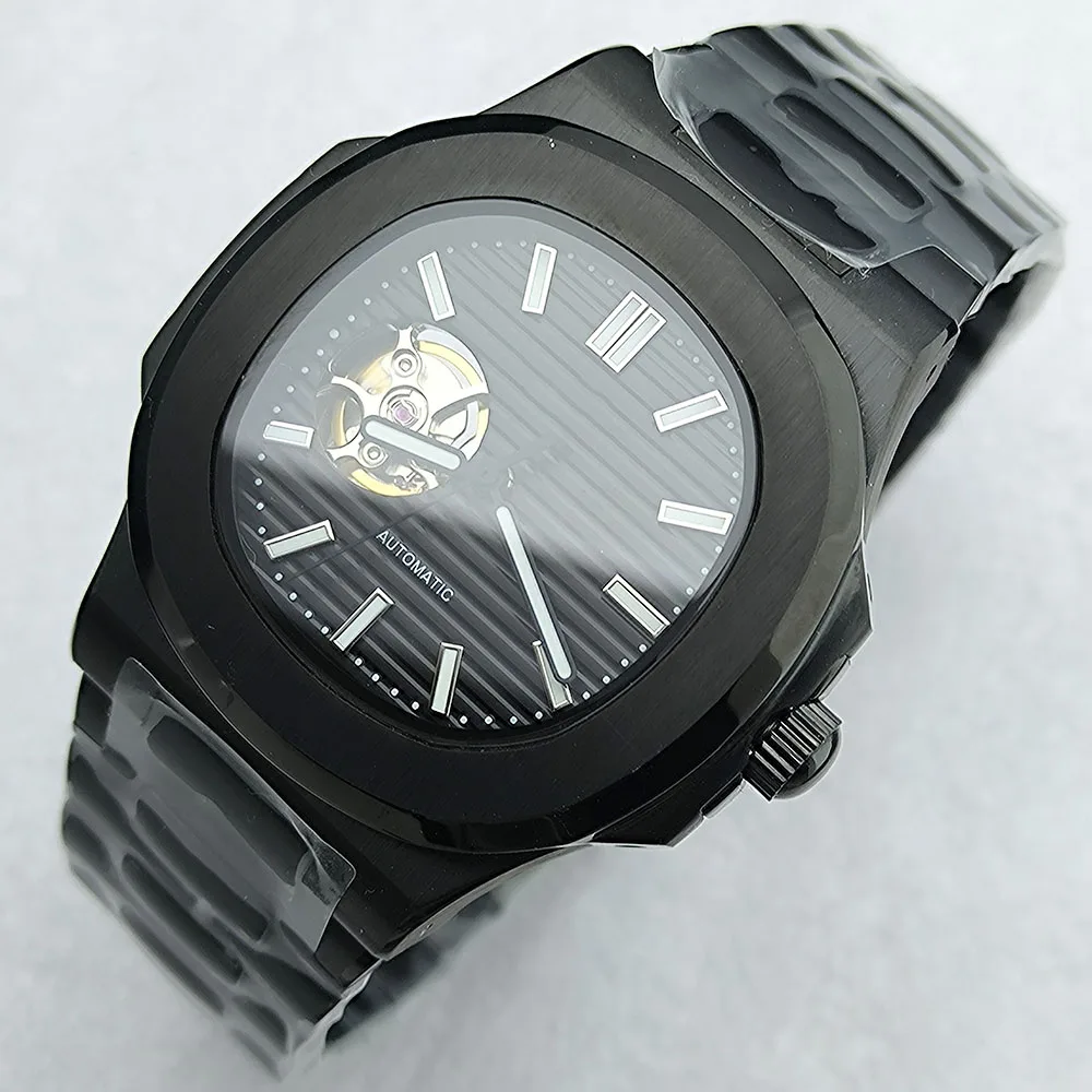 Orologio NH38 da uomo in acciaio inossidabile quadrante cavo Orologio meccanico Nautilus Movimento NH38 S logo vetro zaffiro