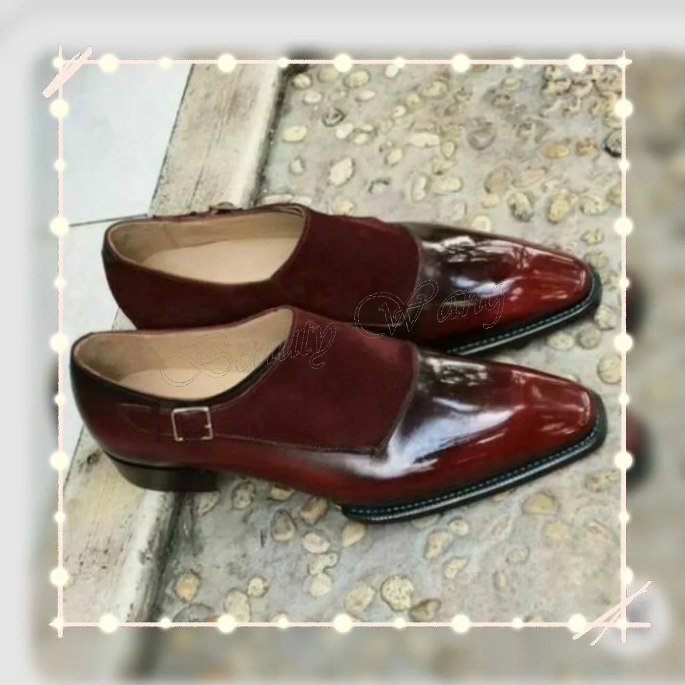 

Red Patchwork Velve Patent Men Shoes Belt Decor Men's Dress Shoes Gentlemen Slip on Party Shoes Big Size 47 Sprig Autumn