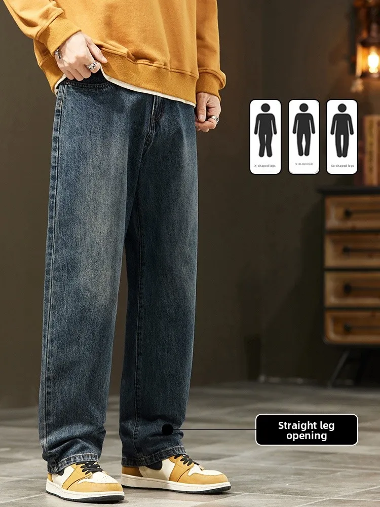 Celana Jeans Pria Model Lurus Longgar Musim Semi Baru Gaya Amerika Kasual Celana Panjang Lebar Trendi Vintage Pakaian Kerja Klasik Denim Biru