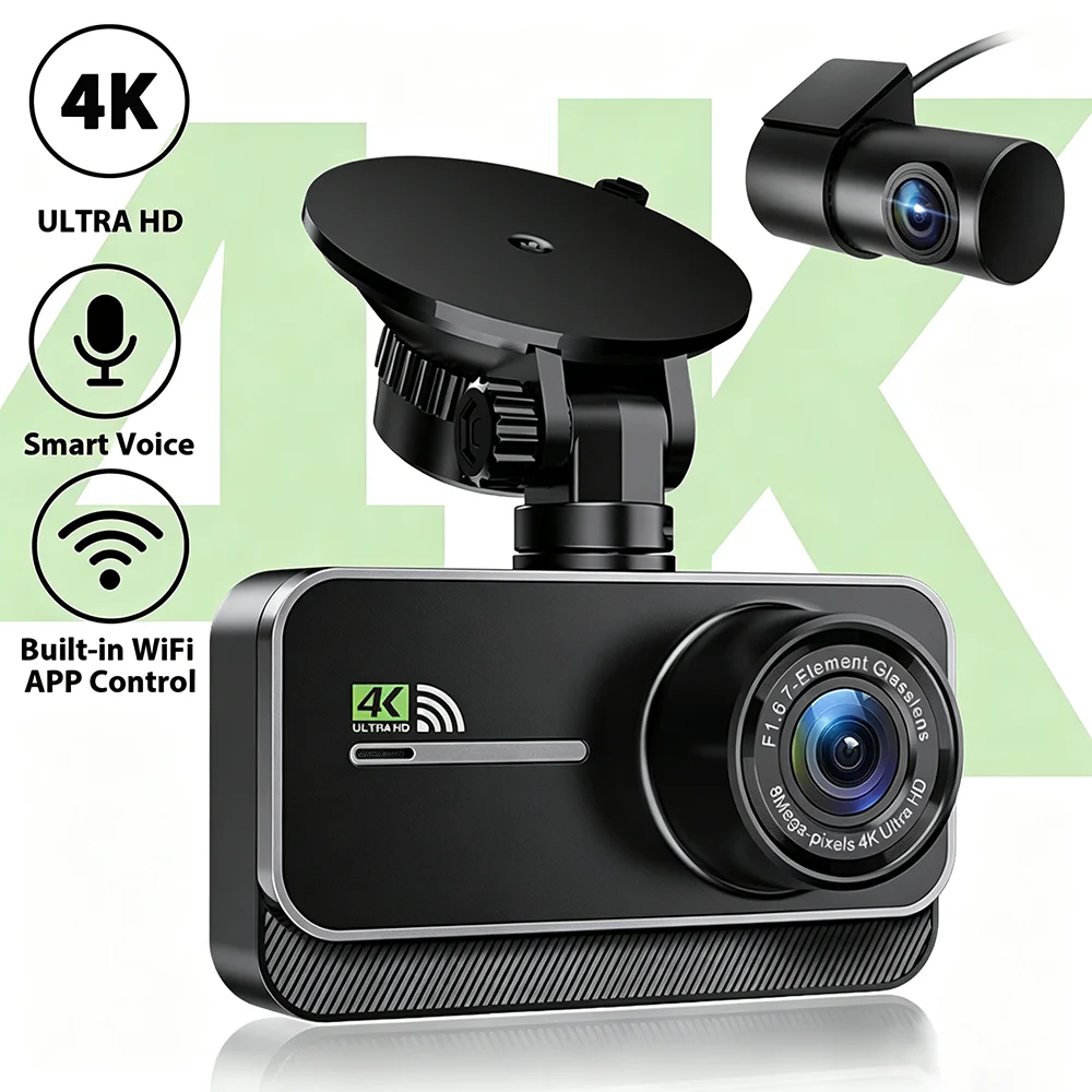 4K Dash Cam WIFI Dash Camera Black Box Night Vision 24H Parking Mode Time-lapse Recording Loop Recording G-Sensor Video Recorder