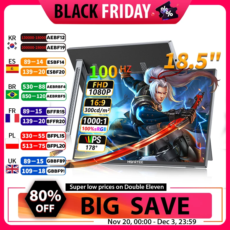 

HGFRTEE 120Hz 18.5" Portable Monitor 1080P SRGB100% With HDMI USB-C VESA Hole For PC Laptop Phone Xbox PS4/5 Switch IPS Screen