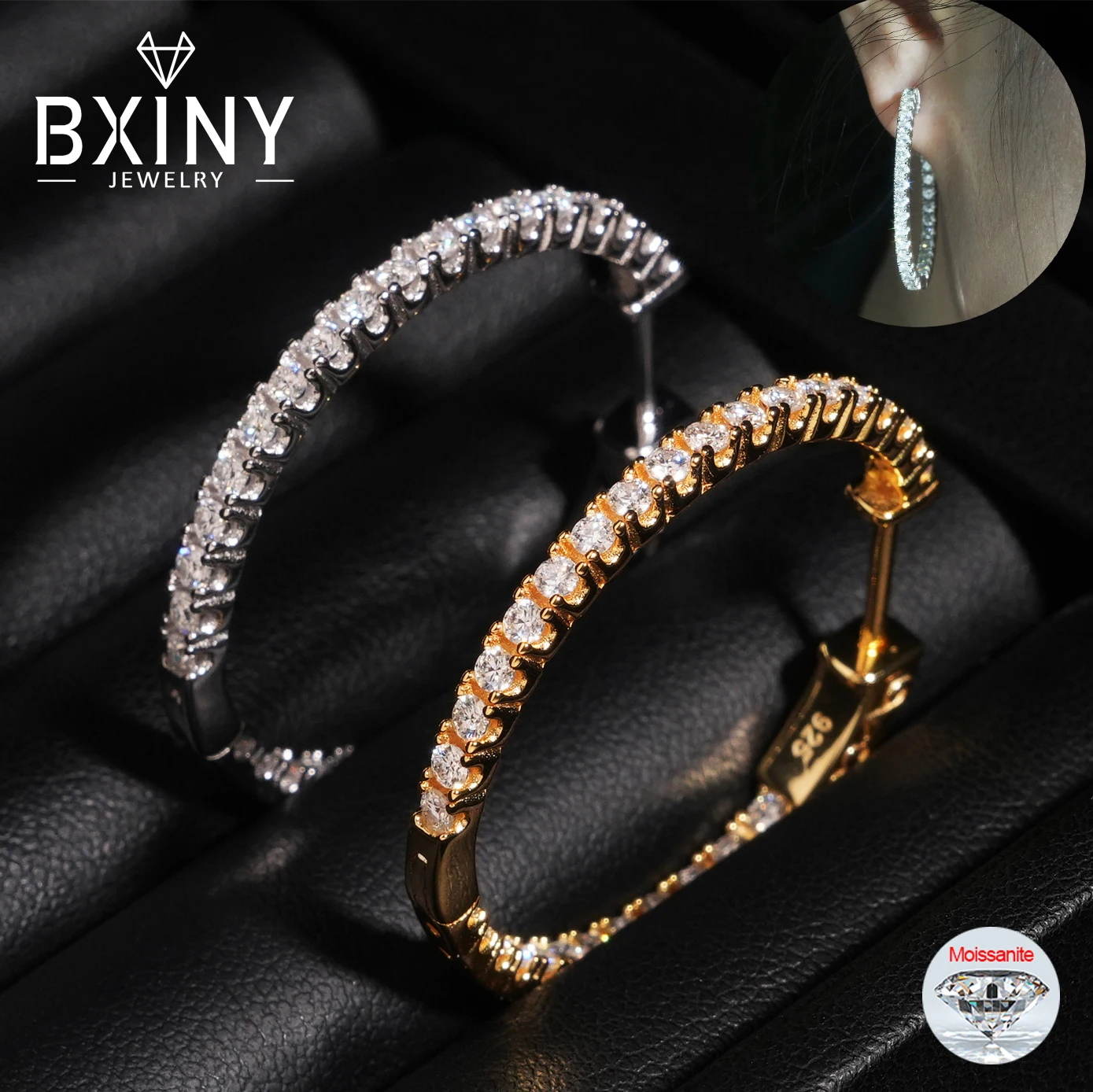 

BXINY Full Moissanite Hoop Earrings S925 Sterling Silver Big Circle Sparkling Diamond Earring for Women Party Fine Jewelry Gifts