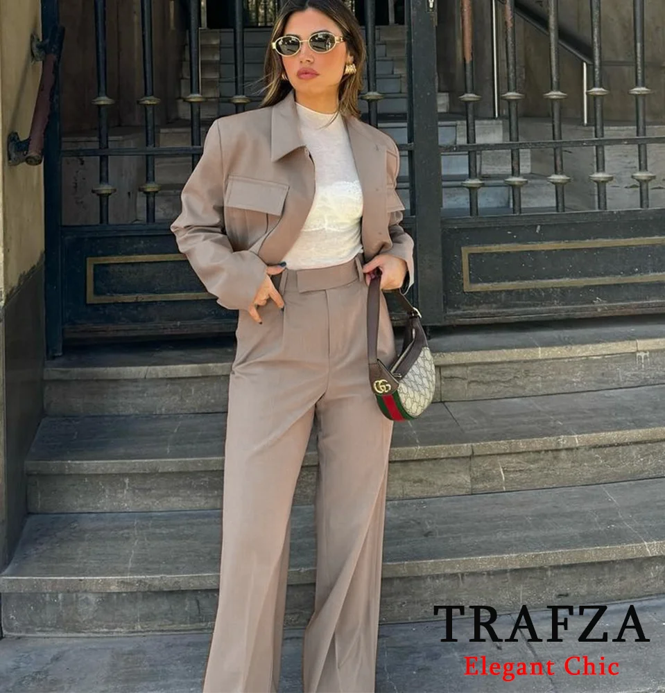 TRAFZA Casual Short Blazer Suit donna New 2024 primavera autunno Holiday Commuter Blazer Suit tasche giacca con risvolto con pantaloni