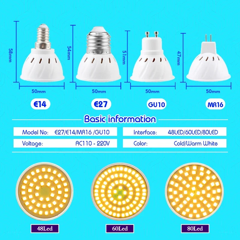 1-10Pcs GU10 MR16 E27 E14 LED Lamp Spotlight Bulb AC 110V 220V 48 60 80 LEDs Bombillas Ampoule Lamparas 2835 SMD Led Bulb Indoor