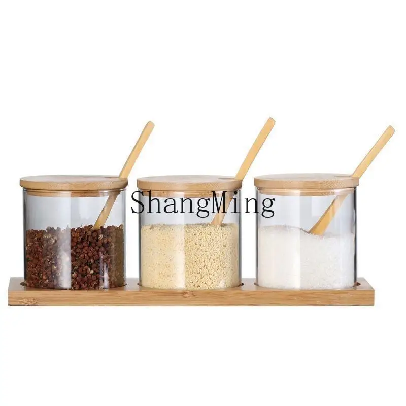 

DSA Round Bamboo Lid with Spoon with Base Seasoning Jar 3 Piece Set for Home Kitchen Borosilicate Glass Seasoning Box