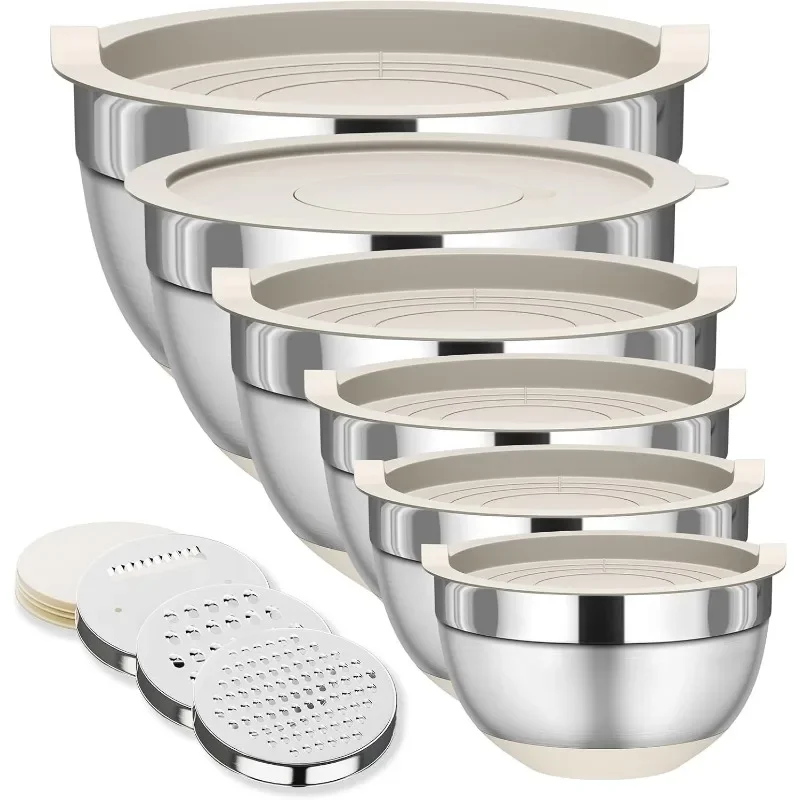 Mixing Bowls with Lids Set, 6 count Stainless Steel Nesting Storage Bowls for Kitchen, with 3 Grater Attachments