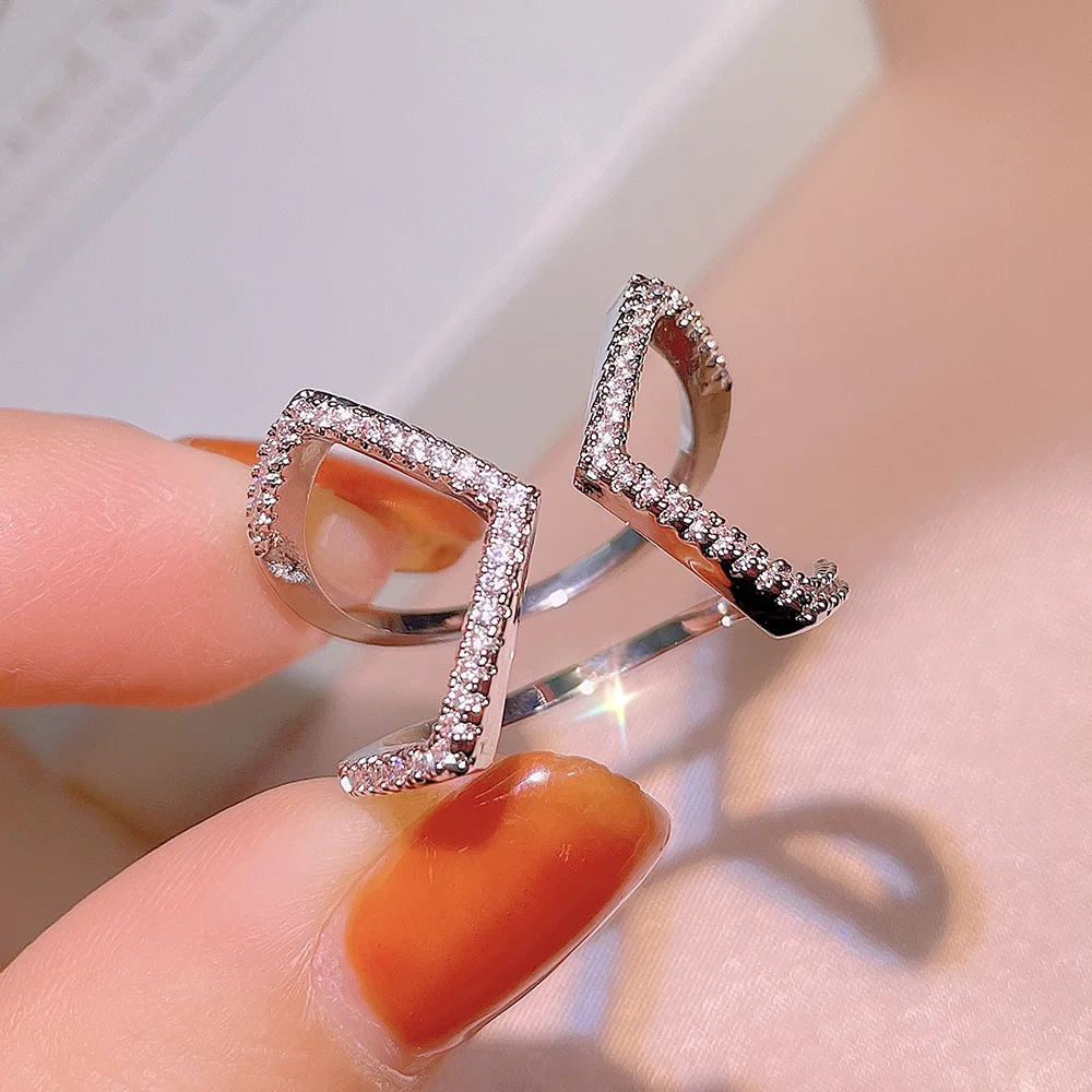 Real Carve 925 Sterling Silver Geometry Cross Ring for Fashion Women Party Exaggeration Zircon Fine Jewelry OL Accessories - view 5