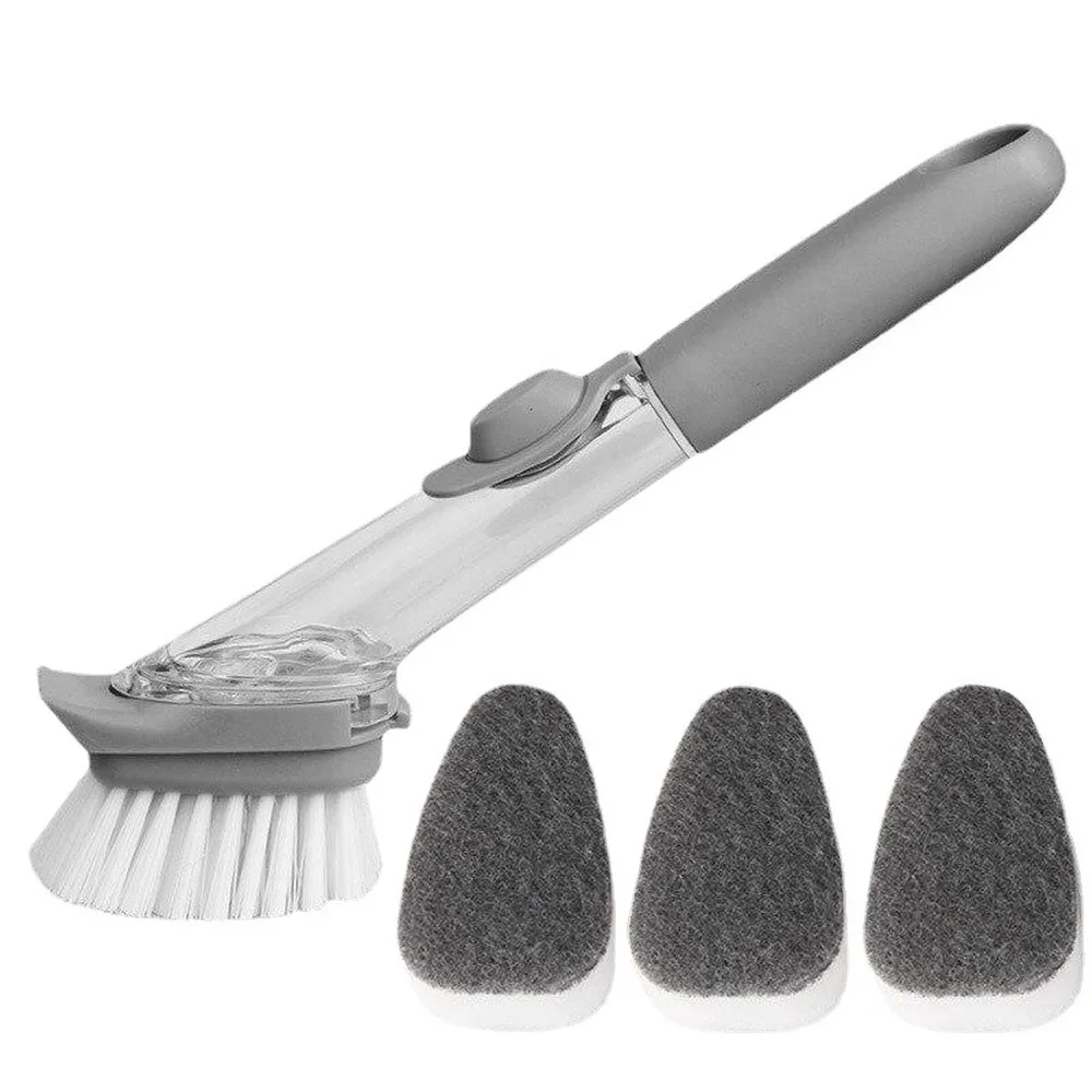 Refillable Liquid Cleaning Brush Kitchen Bowl Scrubber Cleaning Sponge Long Handle Dispenser Cleaner Tool with Dish Soap Washing