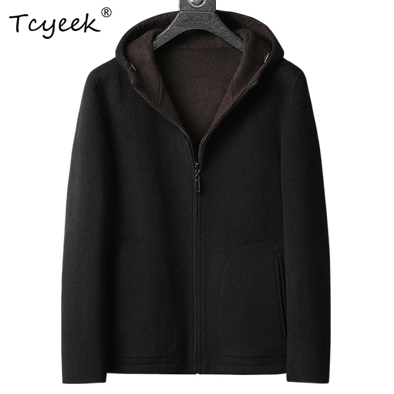 

Tcyeek Настоящее 100% шерстяное осенне-зимнее модное однотонное мужское шерстяное пальто с капюшоном Пальто Женское Длинное Casacos Masculinos