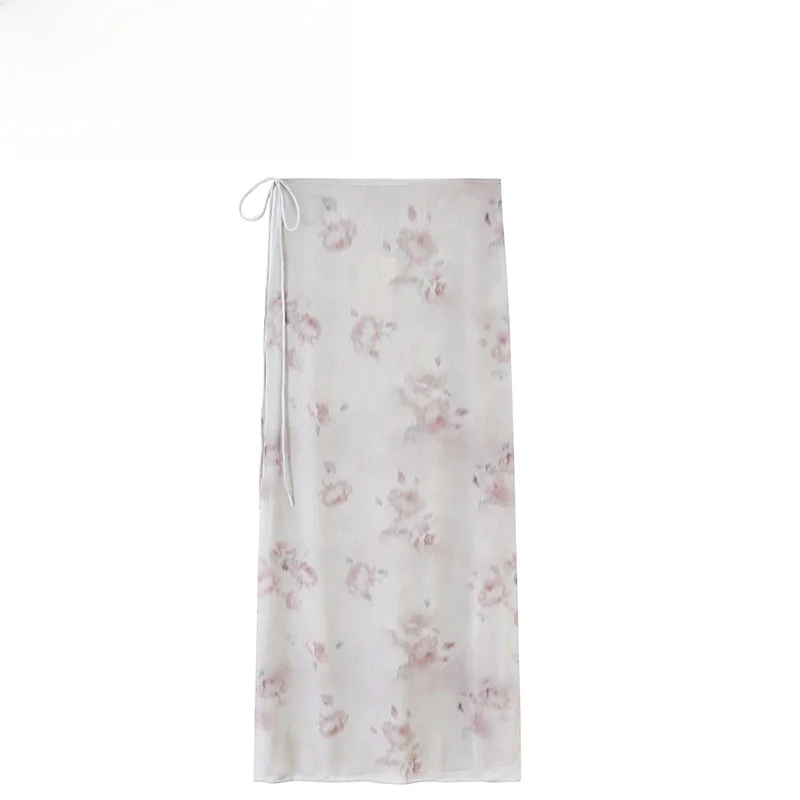 Fashionable Floral Silk Mesh Midi Skirt Women's Versatile Style Summer New Arrival Casual Polyester Fiber Standard Fit