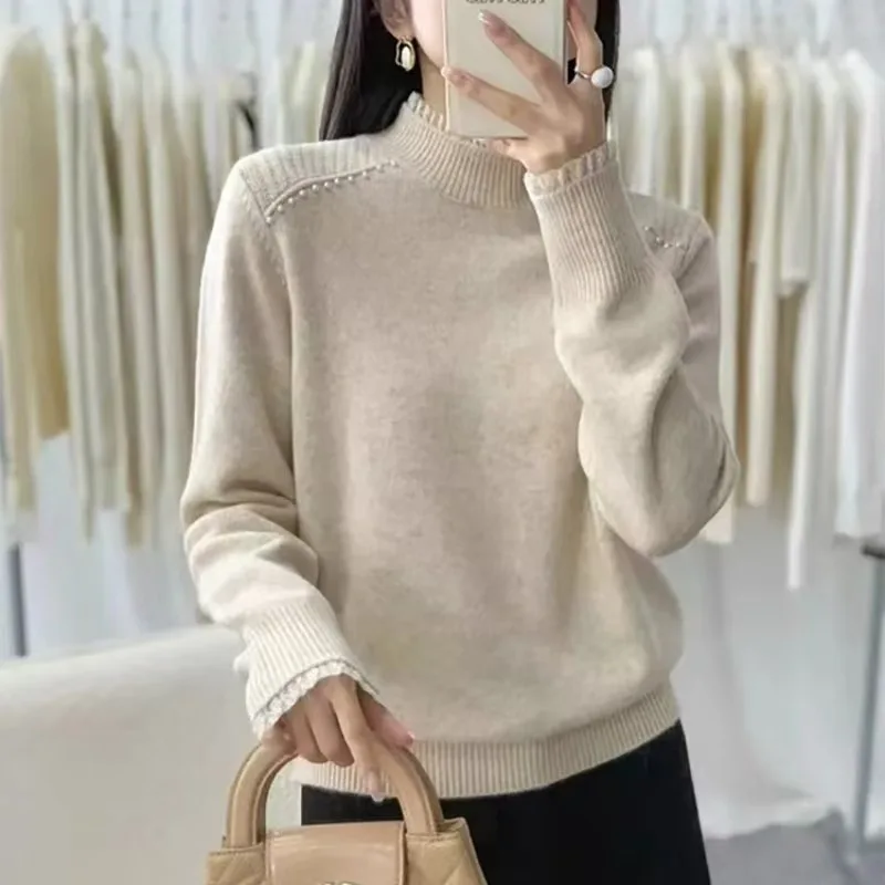 

Женская одежда, модные кружевные вязаные пуловеры с полувысоким воротником, осень-зима, новые элегантные универсальные однотонные бежевые свитера, женские топы