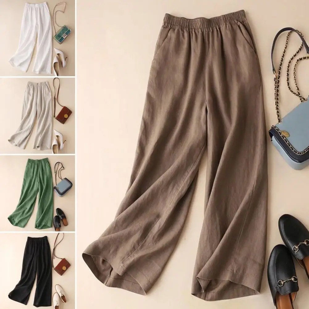 

2024 Spring Summer Cotton Linen Women's Wide Leg Pants Korean Style High Waist Solid Woman Cropped Pants Casual Loose Trousers