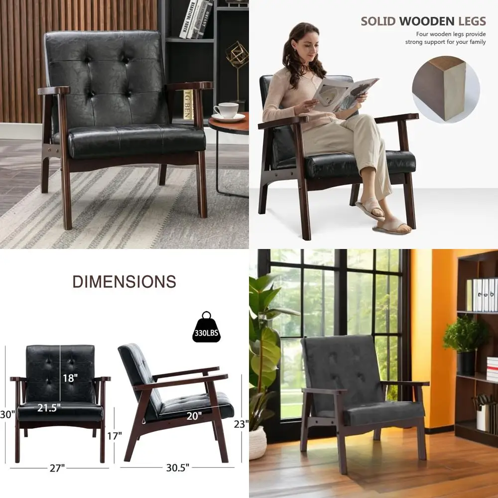

Mid Century Modern Faux Leather Living Room Chair - Sturdy Wood Frame, Comfortable Retro Style Armchair