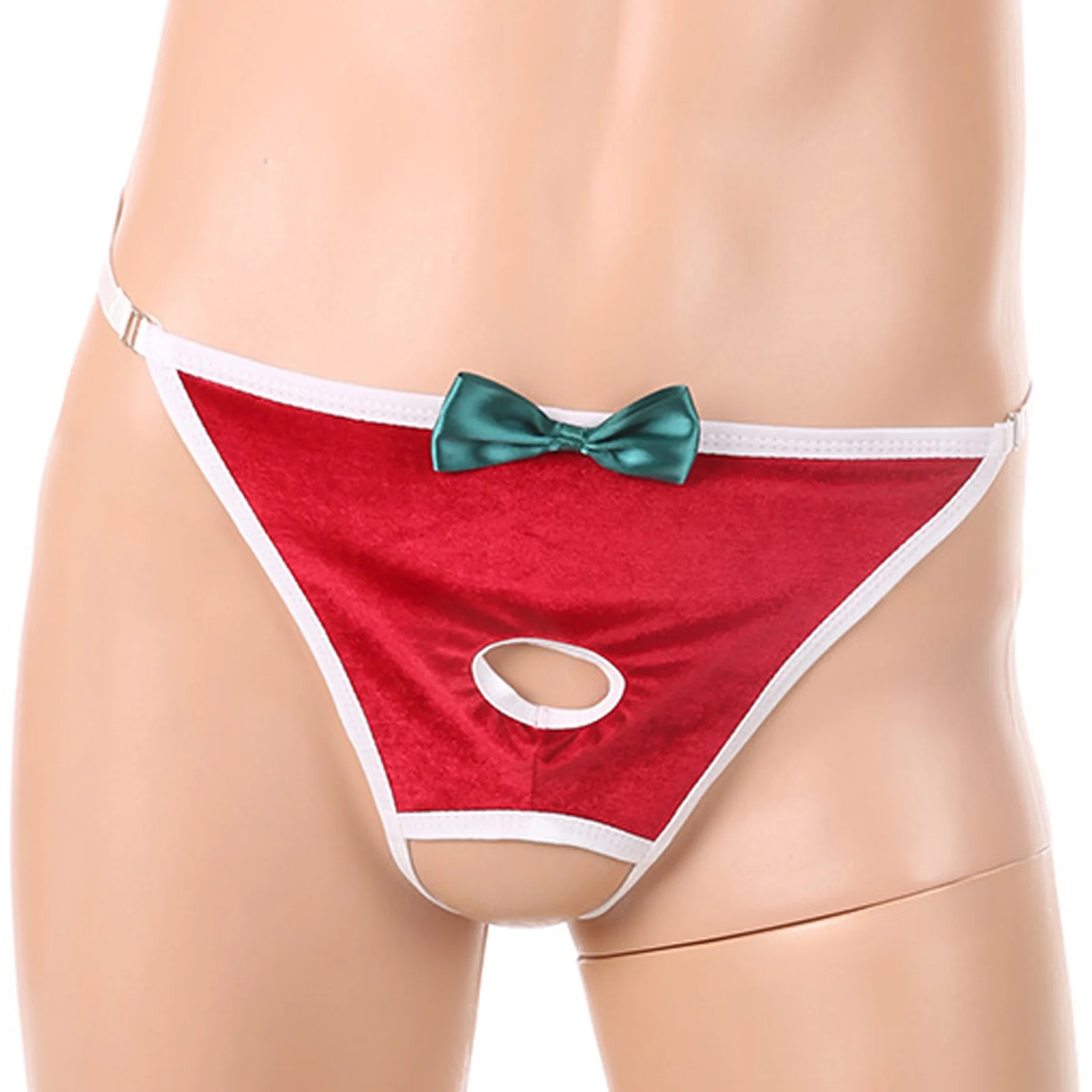 

Men Christmas Funny Lingerie Thong Hollow Out Crotch with A Mini Hat Bow Fuzzy Trim Micro Briefs for Xmas Dating Nightwear