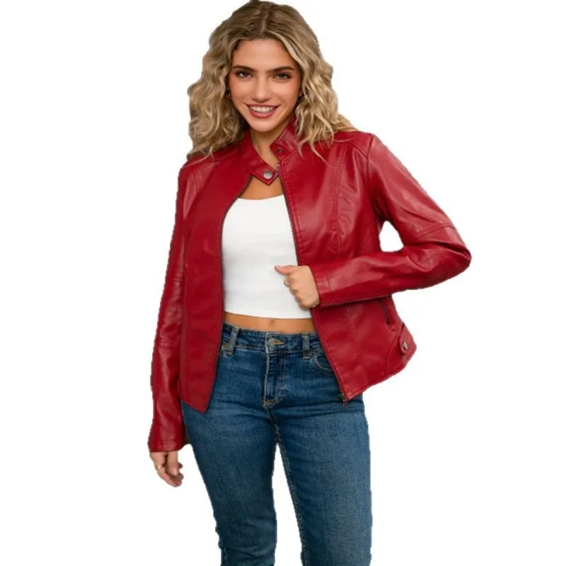 Giacche in pelle PU tinta unita da donna Tasche con cerniera slim fit Cappotto in pelle Elegante colletto alla coreana Bottoni Disegni Giacche da donna