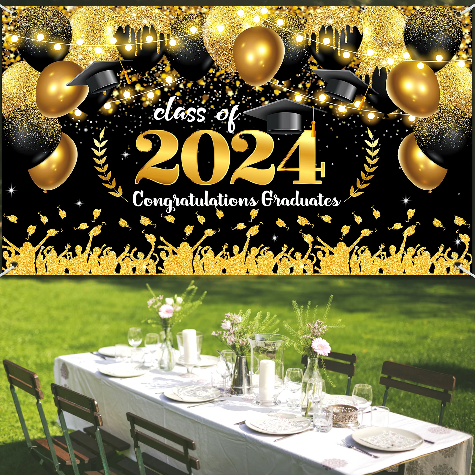 Class 2024 for Congrats Grad Banner Backdrop Decor Set for Graduation Party Supplies Black and Gold Graduation Banner.