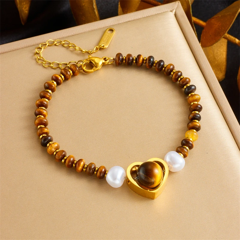 DIEYURO 316L Stainless Steell Maillard Wind Heart Tiger Stone Pearl Beaded Bracelet For Women New Trend Hand Chain Jewelry Gift