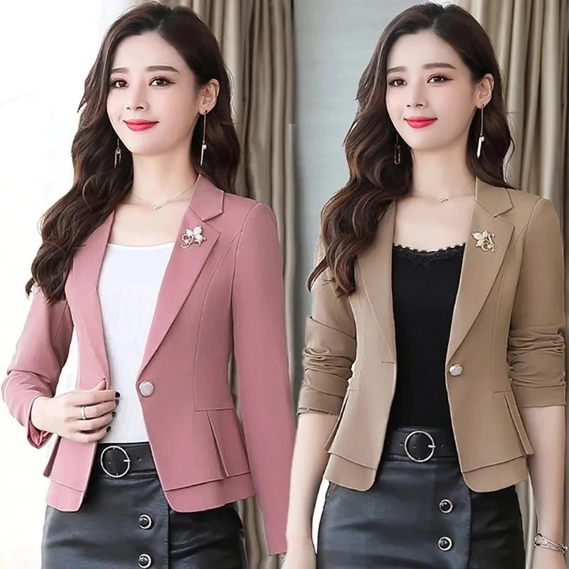 

Elegant Blazer Coat New Autumn Solid Color Blazers Women Jacket Slim Short Suit Outerwear Lady Notched Collar Single Button Tops