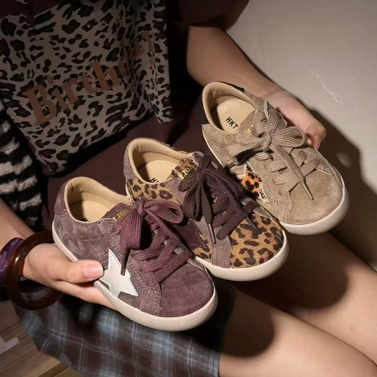Kids Vintage Star Sneakers Lace‑Up Leopard Splicing Suede Upper Soft Non‑Slip Rubber Sole Lightweight Children Daily CasualShoes
