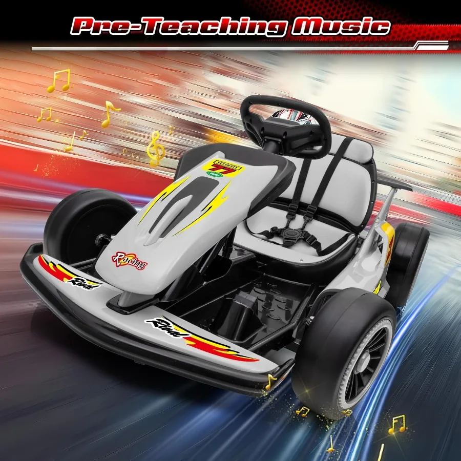 عربة الذهاب الكهربائية 24 فولت للأعمار من 6 إلى 12 عامًا مع إطارات EVA رمادي 400 وات أقصى سرعة 8.1 ميلا في الساعة موسيقى عالية/منخفضة السرعة USB ركوب خارجي سريع الانجراف