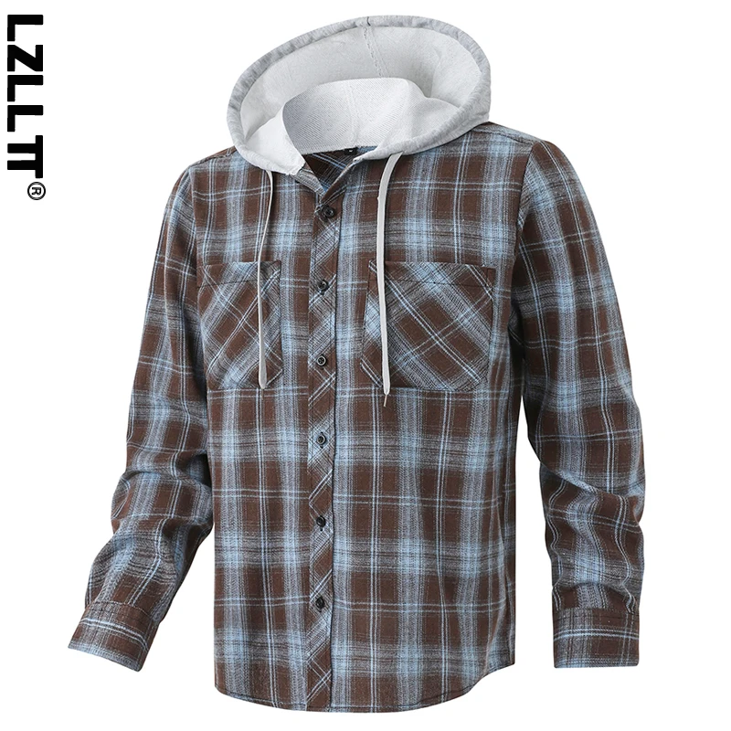 

Spring Men Plaid Hooded Long Sleeve Shirts Mens Autumn Casual Outdoor Cargo Shirts Mens Loose Classic Vintage Safari Work Shirts