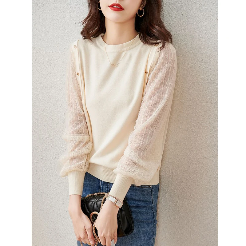 New Spring Elegant Chic Lace Mesh Patchwork Blouse Women Korean Fashion Casual Solid Long Sleeve Street Knitwear Female Clothing