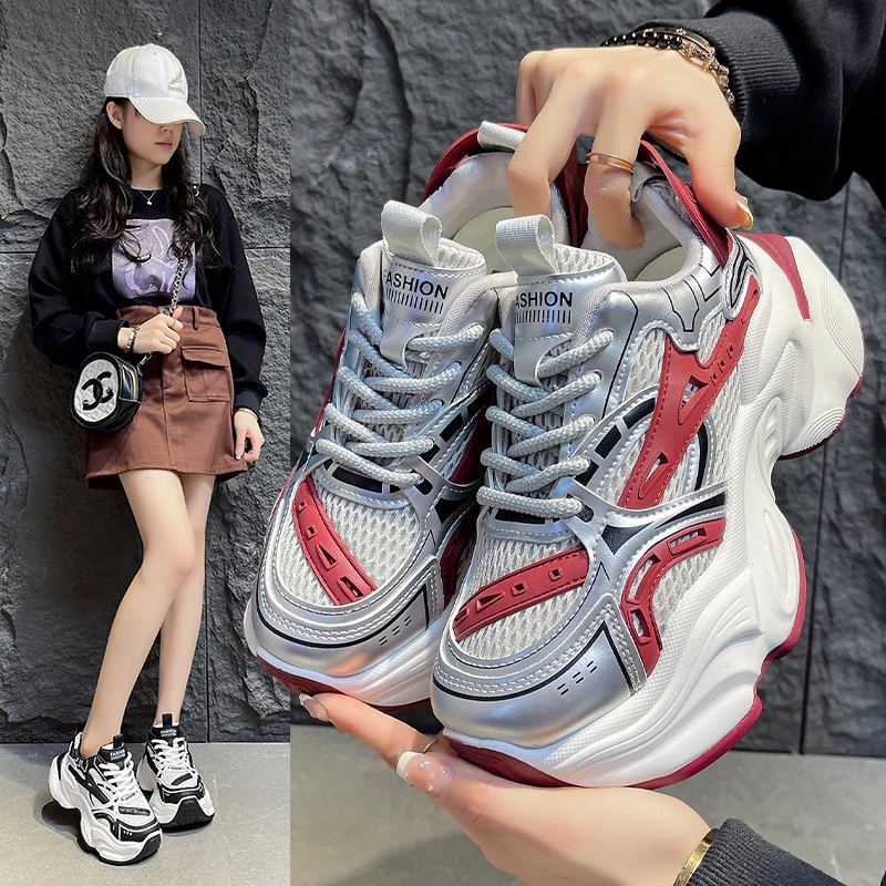 

2025Fashion Sports Chunky Sneakers Thick Sole Women Elevator Shoes Casual Breathable Mesh Shoes Outdoor Fitness Walking Trainers