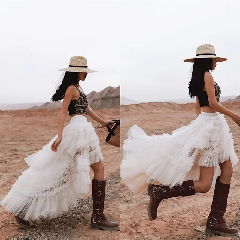 62-84cm 허리 여름 스커트 여성 로맨틱 럭셔리 연꽃 잎 가장자리 메쉬 버블 스커트 짧은 전면 긴 후면 불규칙한 케이크 스커트