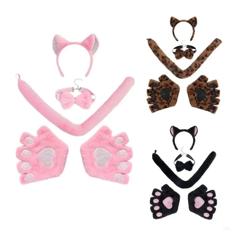 

B95F Cats Ear Headbands with Cats Tail Glove Halloween Cosplays Decors