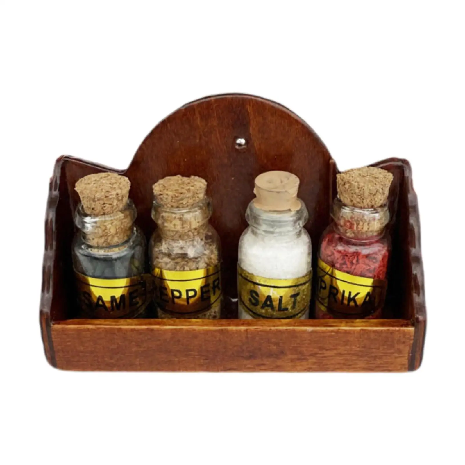 Dolls House Wooden Wall Shelf with 4 Condiment Jars Rustic 1:12 Dollhouse Accessories Kitchen Accessory for Kitchen Scene