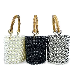 2024 New Product Network Red Bamboo Knot Handle Bag Pearl Chain Mini Bucket Bag