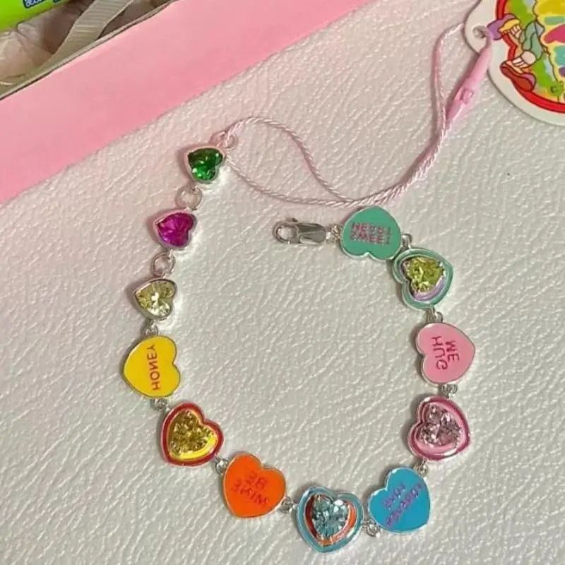Fashion Colorful Drop Oil Enamel Love Bracelet Female Summer New Design Cute Crystal Heart Candy Color Bracelet Jewelrt Gifts