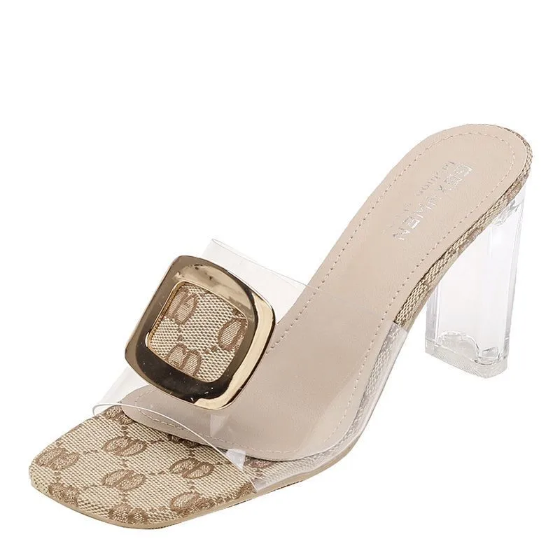 Transparent high heels 2024 new slippers female summer wear thick heel sandals female half slipper diamond heel heels