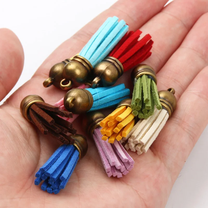 10pcs/lot 38mm Bronze Keychain Tassel Vintage Leather Tassels Fringe for Purl Macrame Pendant For DIY Jewelry Making Supplies