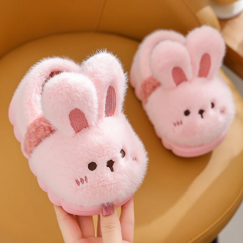 New Children\'s Cartoon Rabbit Heel Wrap Fluffy Slippers Soft Sole Non-slip Winter Warm Baby Boys Girls Indoor Home Cotton Shoes