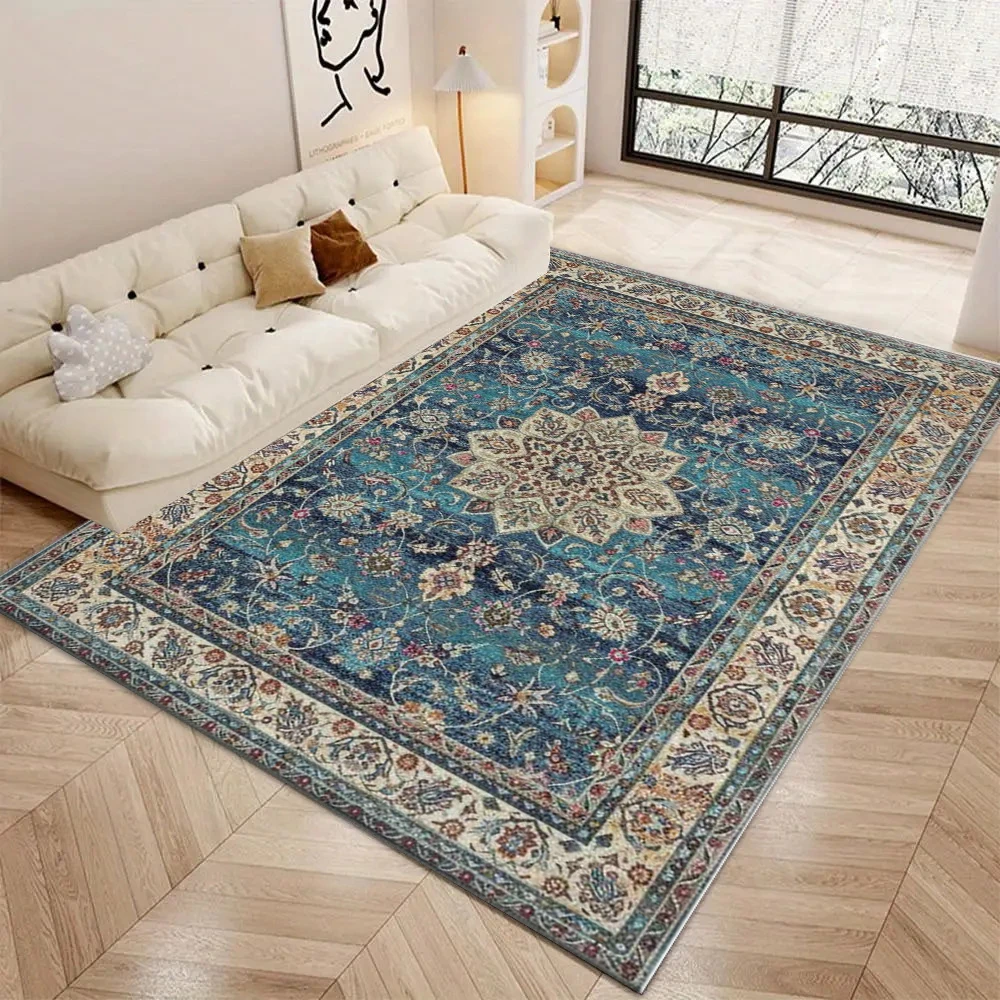 Teal-Blue Classic Persian Square Area Rug Rich Vintage Medallion Multicolor Floral Ornate Border Non-Slip Carpet for Living Room Home Decor