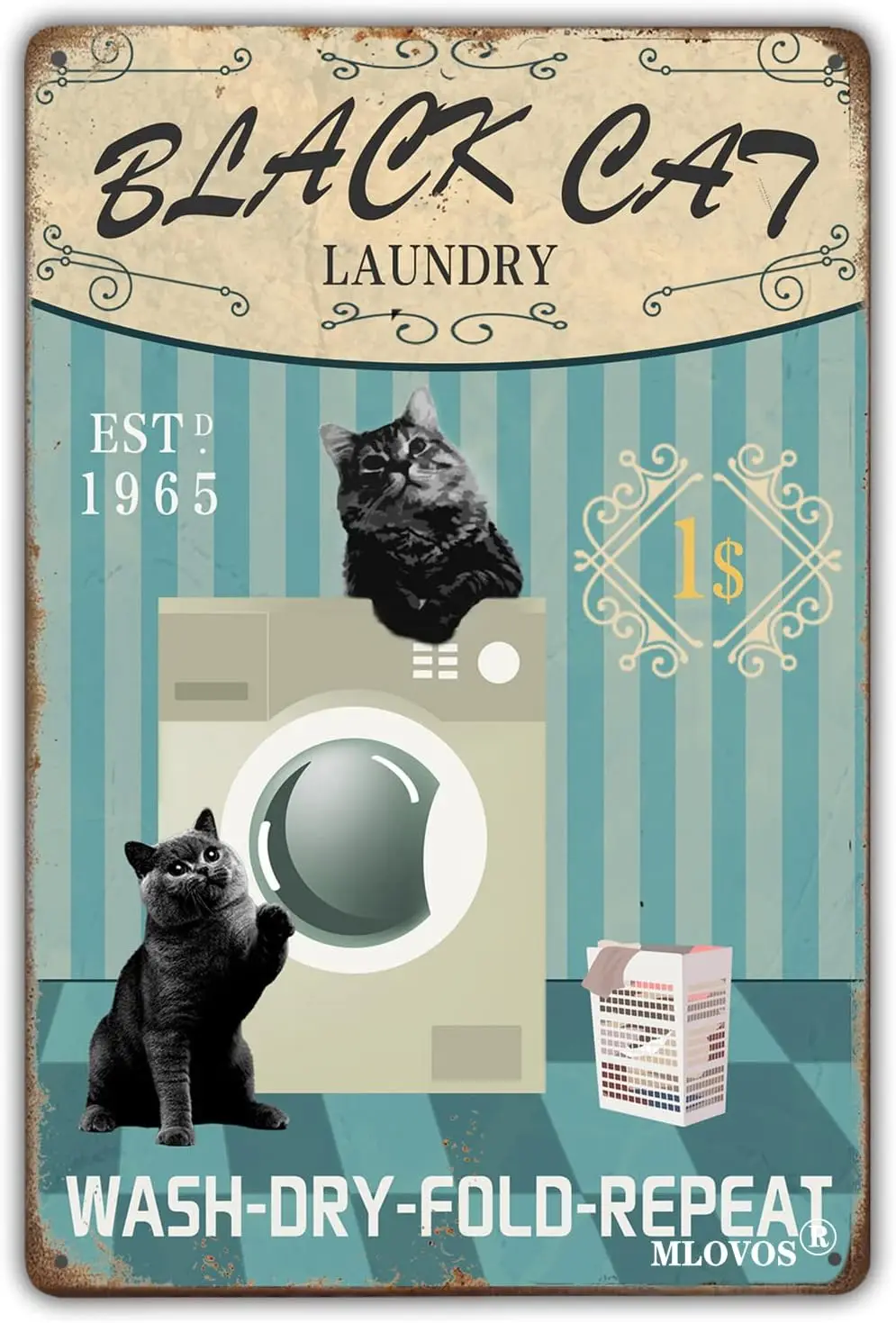 Metal Tin Sign Black Cat Laundry Wash Dry Fold Repeat Room Home Decor Funny Vintage Bathroom Wall Retro es
