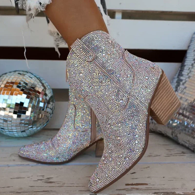 Botas de vaquero del oeste, botines de moda para mujer, brillo, tendencia brillante, tacones altos, zapatos de alta calidad